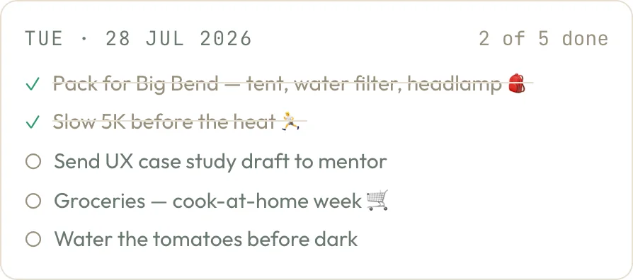 A day in the Nortefy planner: five tasks for Tuesday, two ticked off and struck through, the rest still open