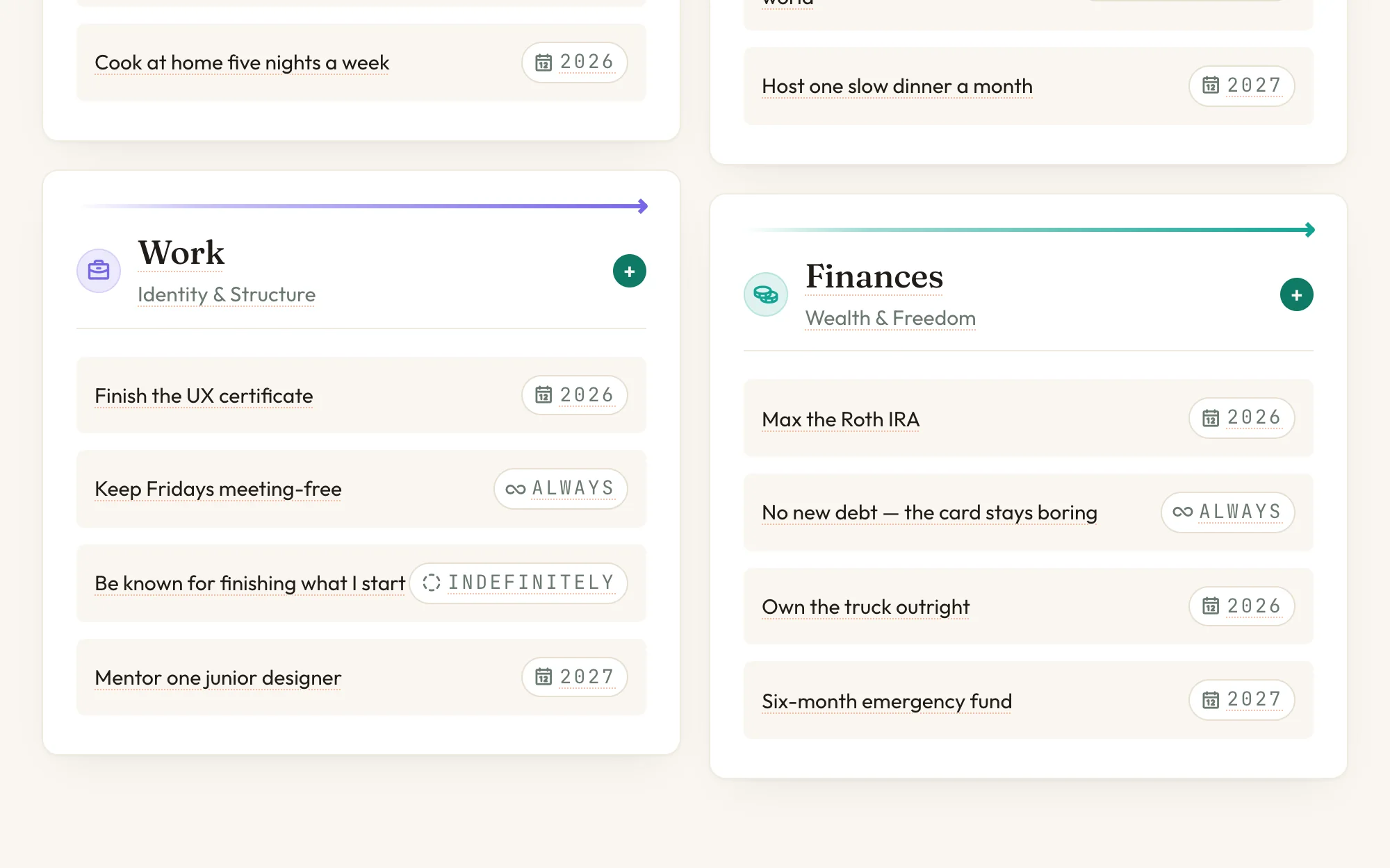 Direction in Nortefy: the Work and Finances pillars, every item carrying its When-tag — a year badge, Always, or Indefinitely