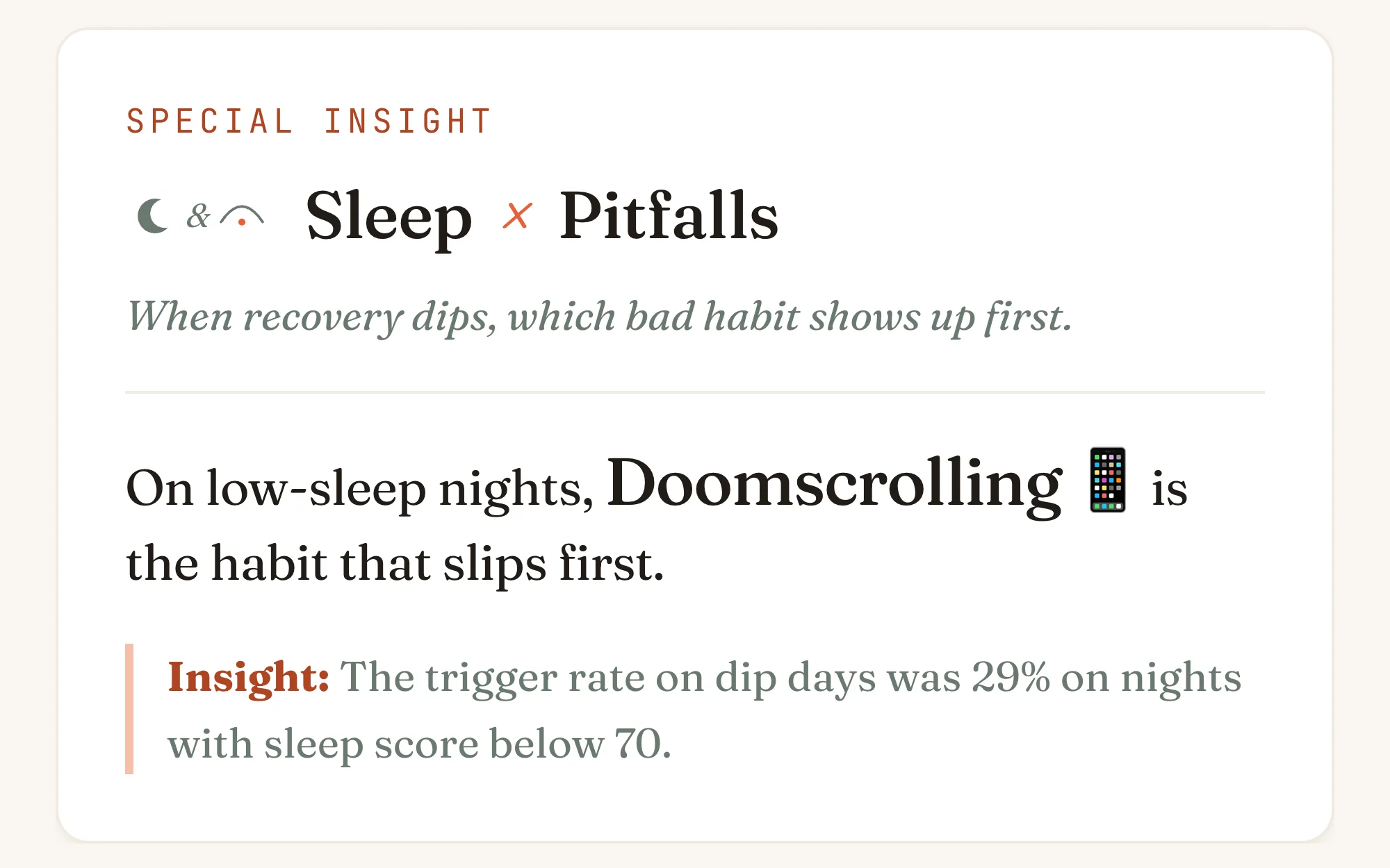 Special insight card: on low-sleep nights, Doomscrolling is the habit that slips first