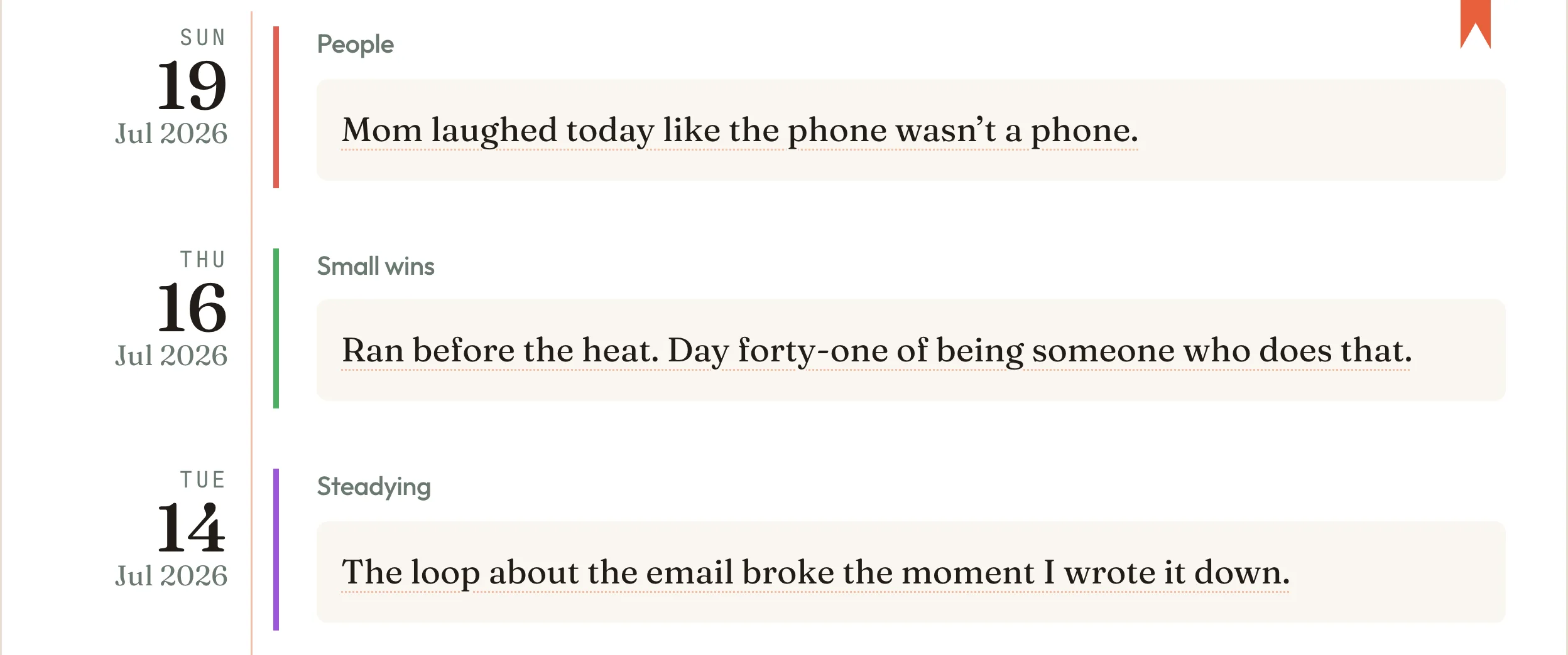 Journal in Nortefy read by date: three dated entries, one each under People, Small wins and Steadying