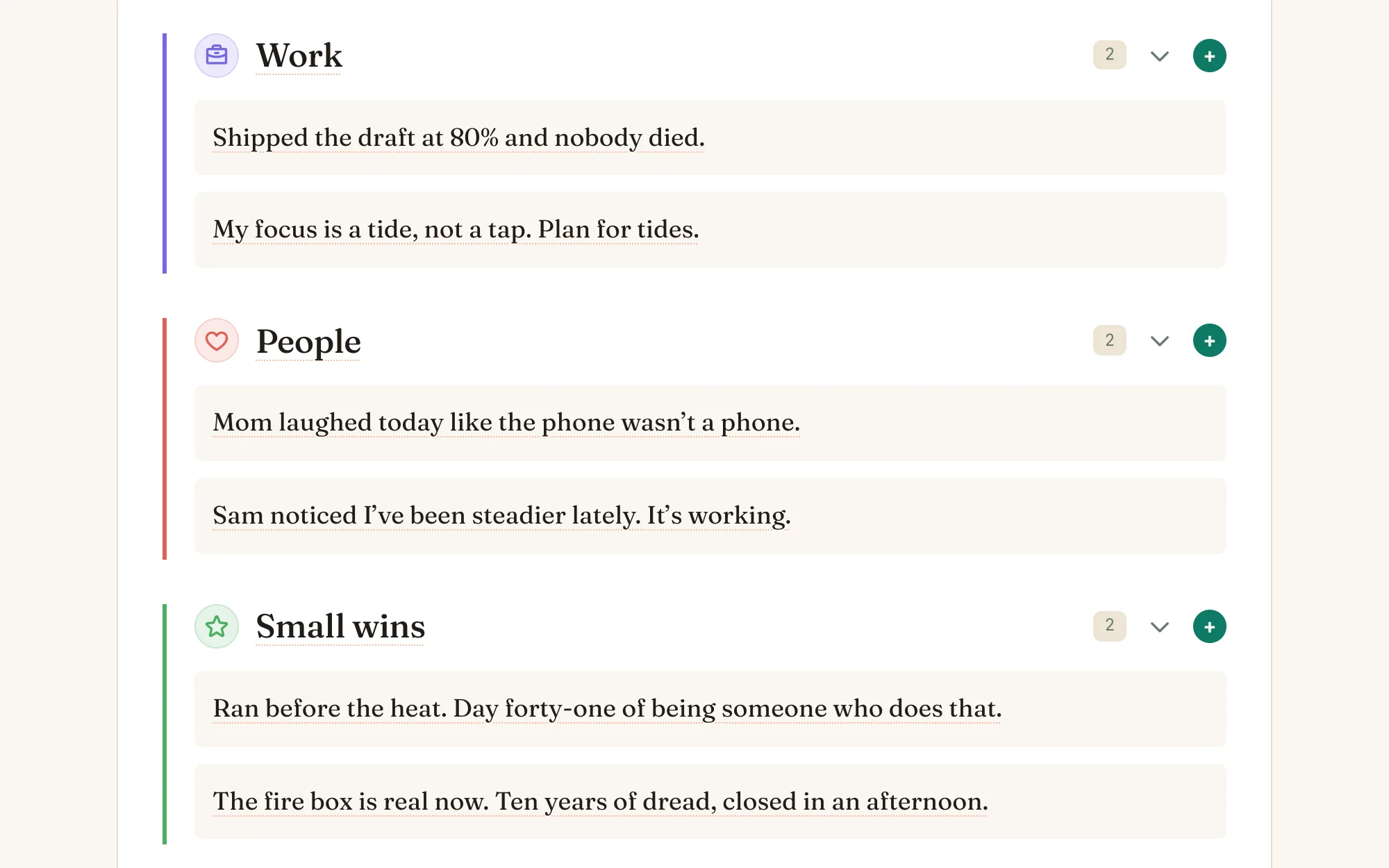 Journal in Nortefy: one-line reflections filed under Work, People and Small wins, each category colour-coded down its spine