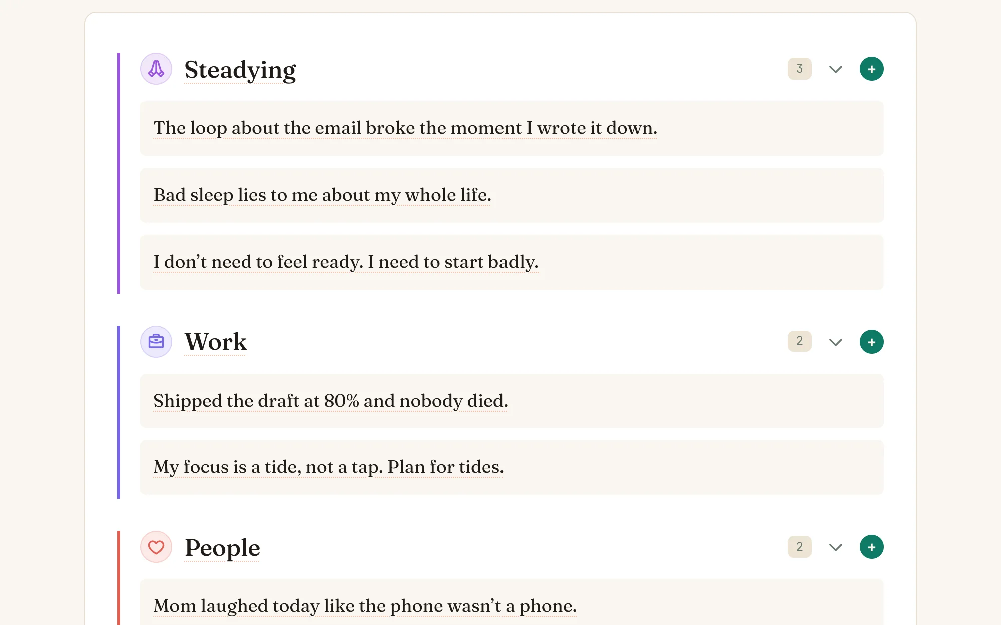 Journal module in Nortefy: one-line entries filed under colour-coded categories &mdash; Steadying, Work and People