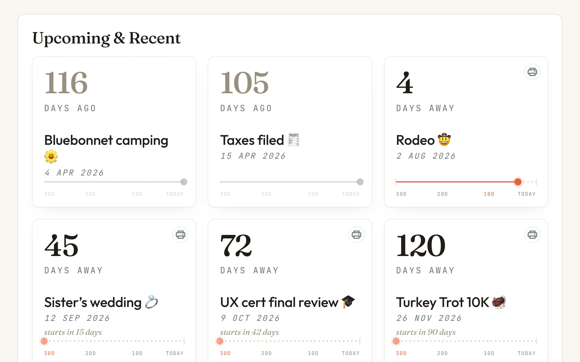 Milestones in Nortefy: countdown cards — the rodeo 4 days away with its horizon line nearly full, a wedding at 45 days, a 10K at 120