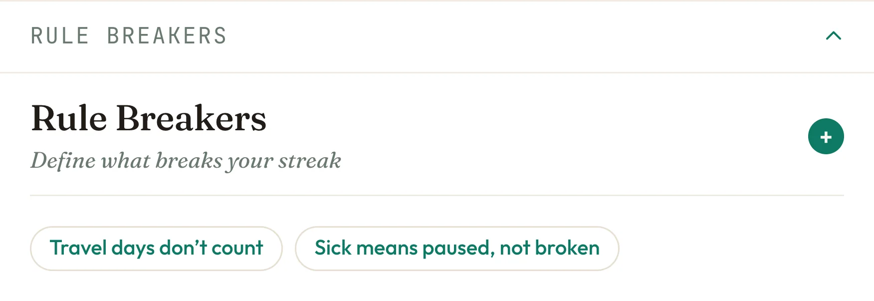 Rule Breakers in Nortefy, under the heading Define what breaks your streak: travel days don&rsquo;t count, and sick means paused, not broken