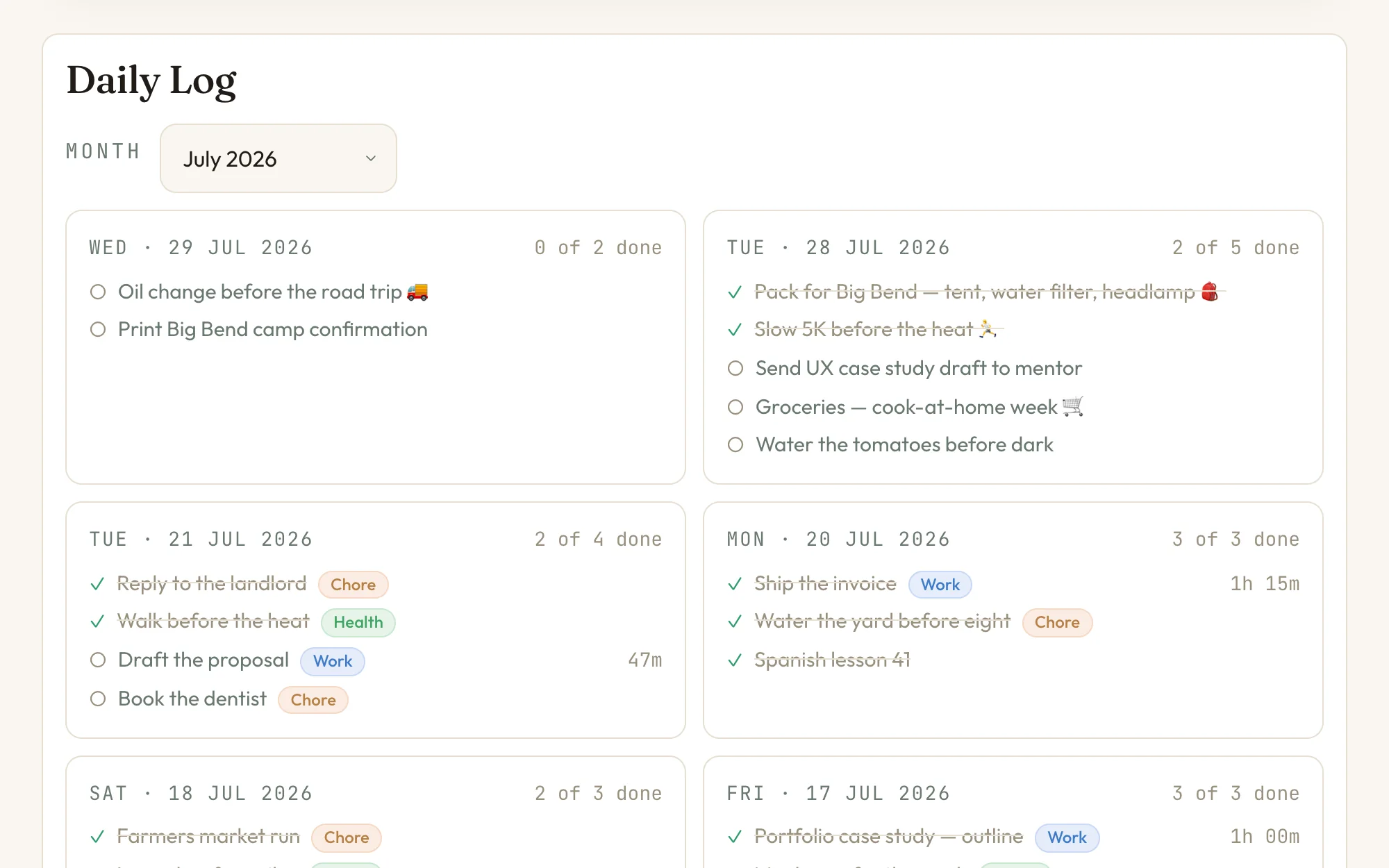 The planner&rsquo;s daily log in Nortefy: today&rsquo;s two open tasks beside yesterday&rsquo;s five, finished ones struck through, each tagged Work, Health or Chore