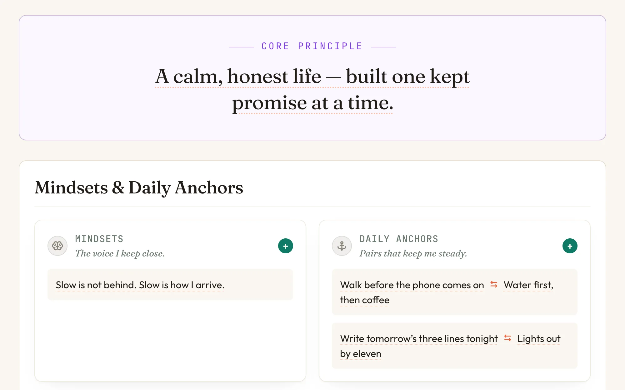 Purpose module in Nortefy: the Core Principle line above Mindsets and Daily Anchors