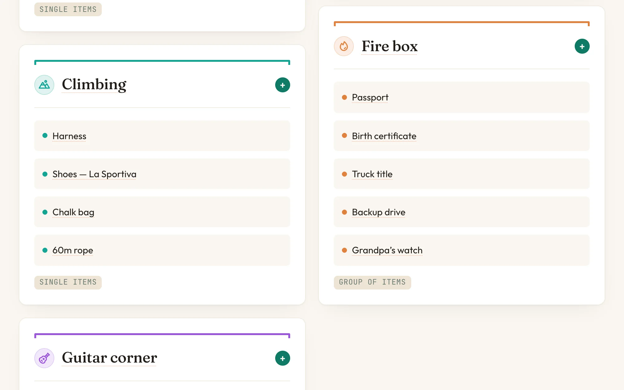 Things in Nortefy: the Climbing and Fire box categories side by side, one badged Single items and the other Group of items
