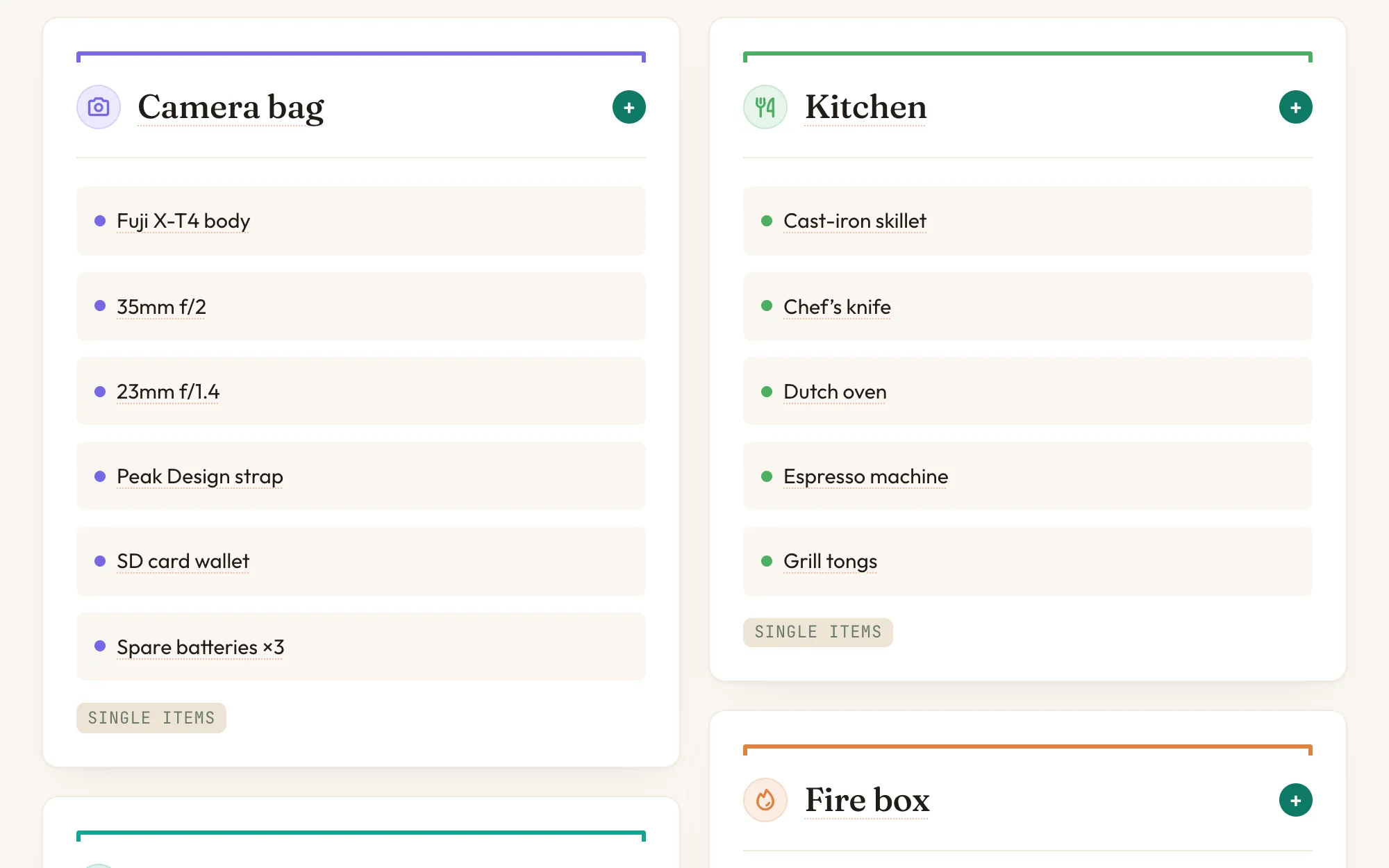 Things module in Nortefy: belongings inventoried by colour-coded category &mdash; camera bag, kitchen and fire box, each with its own item list